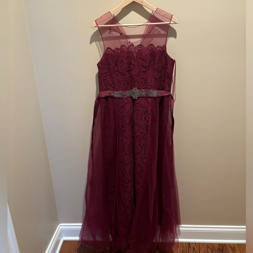 Teri Jon burgundy dress, with chiffon cape on the back